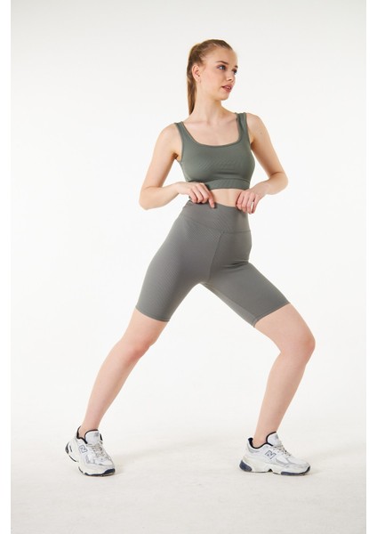 Haki Yüksek Bel Toparlayıcı Kısa Şort Spor Fitilli Biker Tayt modelleri