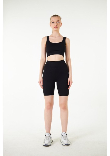 Siyah Yüksek Bel Toparlayıcı Kısa Şort Spor Fitilli Biker Tayt fiyatları