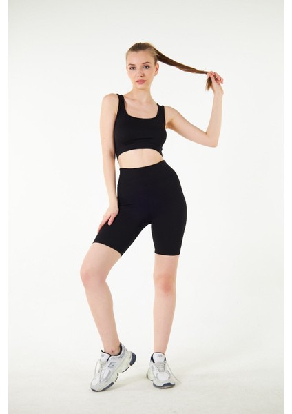 Siyah Yüksek Bel Toparlayıcı Kısa Şort Spor Fitilli Biker Tayt modelleri