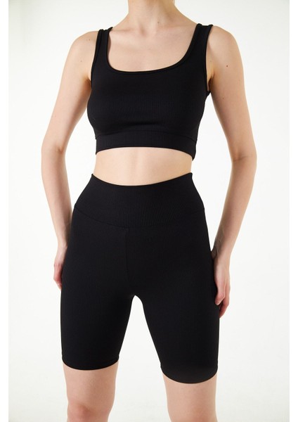 Siyah Yüksek Bel Toparlayıcı Kısa Şort Spor Fitilli Biker Tayt indirimleri