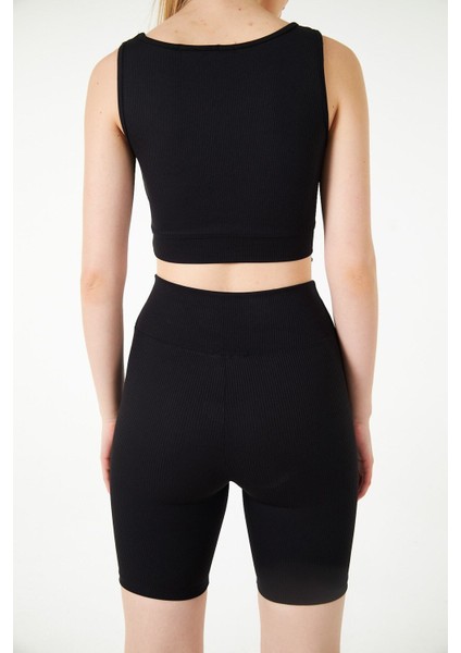 Siyah Yüksek Bel Toparlayıcı Kısa Şort Spor Fitilli Biker Tayt