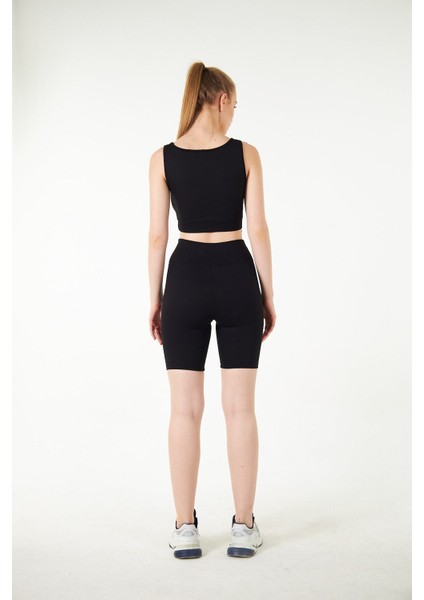 Siyah Yüksek Bel Toparlayıcı Kısa Şort Spor Fitilli Biker Tayt