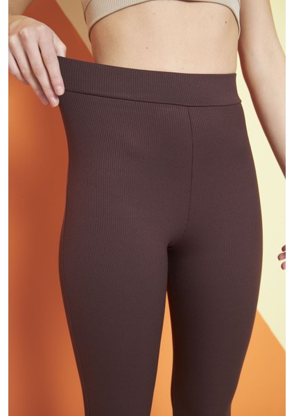 Kahverengi Yüksek Bel Fitilli Ispanyol Paça Interlok Örme Kadın Tayt