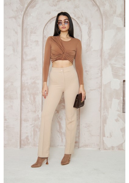 Likralı Bej Kadın Palazzo Pantolon