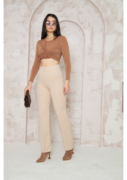 Likralı Bej Kadın Palazzo Pantolon modelleri