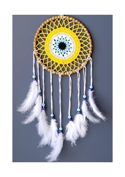 Nazar Boncuğu Motifli Düş Kapanı El Yapımı Sarı Duvar Süsü