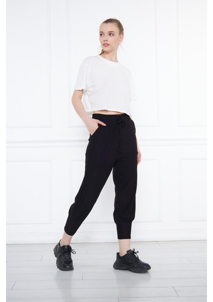 Siyah Lastikli Cepli Bağcıklı Salaş Rahat Örme Bürümcük Kadın Pantolon