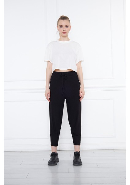 Siyah Lastikli Cepli Bağcıklı Salaş Rahat Örme Bürümcük Kadın Pantolon fiyatları