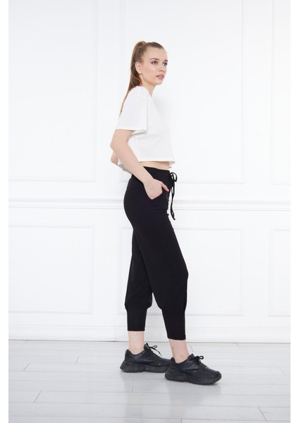 Siyah Lastikli Cepli Bağcıklı Salaş Rahat Örme Bürümcük Kadın Pantolon modelleri