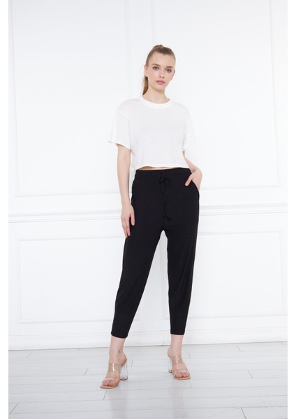 Siyah Lastikli Cepli Bağcıklı Salaş Rahat Örme Bürümcük Kadın Pantolon fırsatları