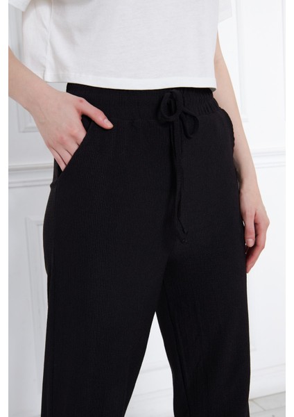 Siyah Lastikli Cepli Bağcıklı Salaş Rahat Örme Bürümcük Kadın Pantolon indirimleri