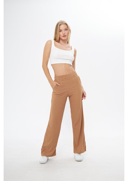 Camel Beli Lastikli Bol Paça Çift Cepli Yüksek Bel Bürümcük Örme Kadın Pantolon fiyatları