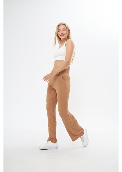 Camel Beli Lastikli Bol Paça Çift Cepli Yüksek Bel Bürümcük Örme Kadın Pantolon modelleri