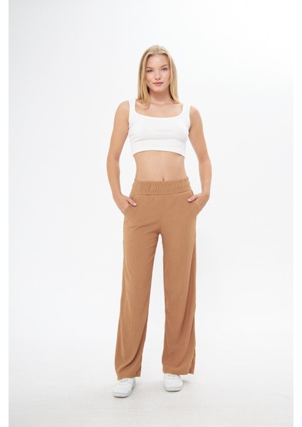 Camel Beli Lastikli Bol Paça Çift Cepli Yüksek Bel Bürümcük Örme Kadın Pantolon fırsatları