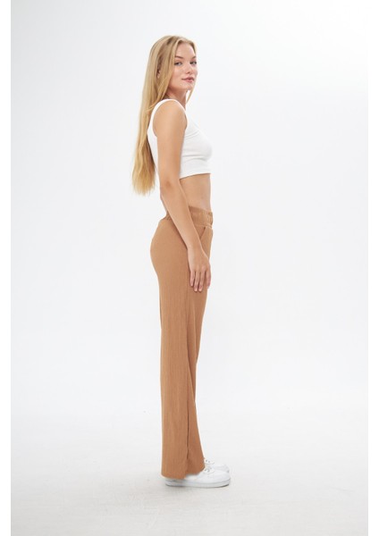 Camel Beli Lastikli Bol Paça Çift Cepli Yüksek Bel Bürümcük Örme Kadın Pantolon
