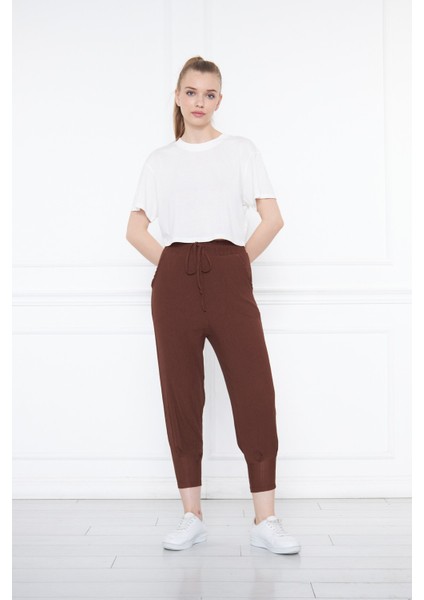 Kahverengi Lastikli Cepli Bağcıklı Salaş Rahat Örme Bürümcük Kadın Pantolon fiyatları