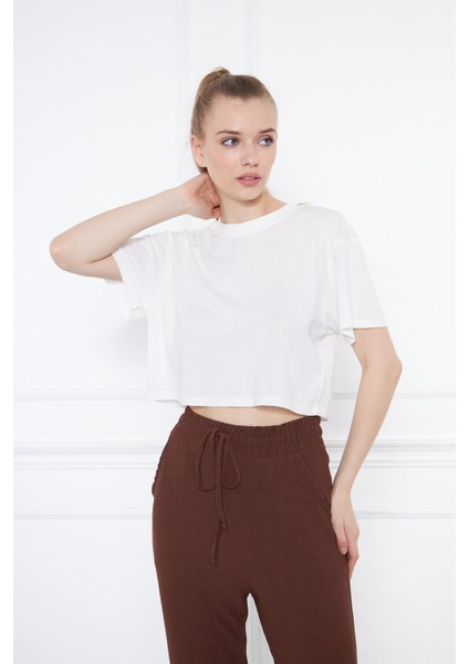 Kahverengi Lastikli Cepli Bağcıklı Salaş Rahat Örme Bürümcük Kadın Pantolon modelleri