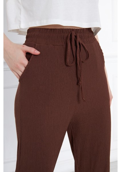 Kahverengi Lastikli Cepli Bağcıklı Salaş Rahat Örme Bürümcük Kadın Pantolon fırsatları