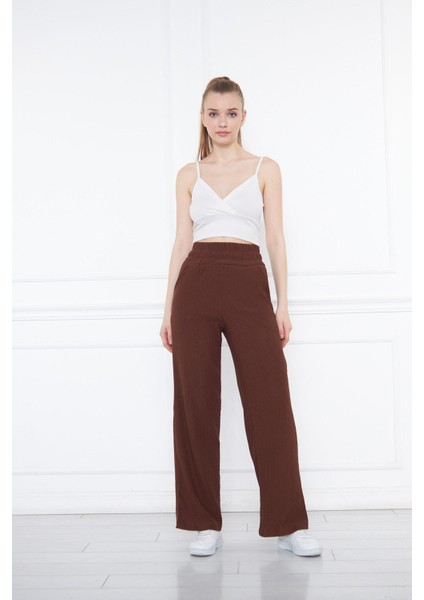 Kahverengi Beli Lastikli Bol Paça Çift Cepli Yüksek Bel Bürümcük Örme Kadın Pantolon fiyatları