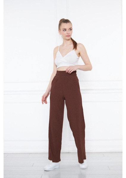 Kahverengi Beli Lastikli Bol Paça Çift Cepli Yüksek Bel Bürümcük Örme Kadın Pantolon modelleri