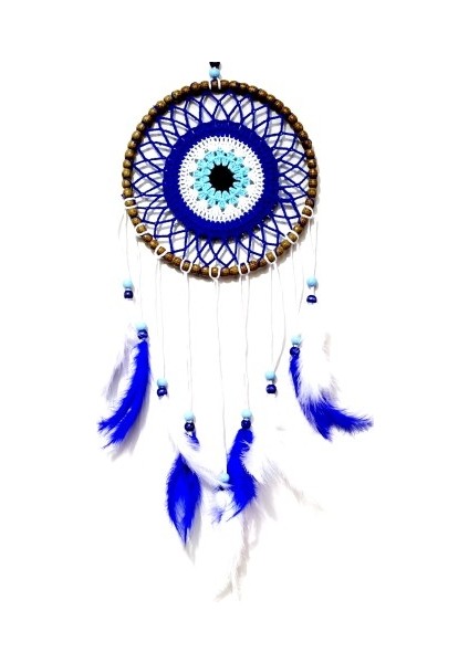 Nazar Boncuğu Desenli Kuş Tüylü El Yapımı Düş Kapanı Duvar Süsü