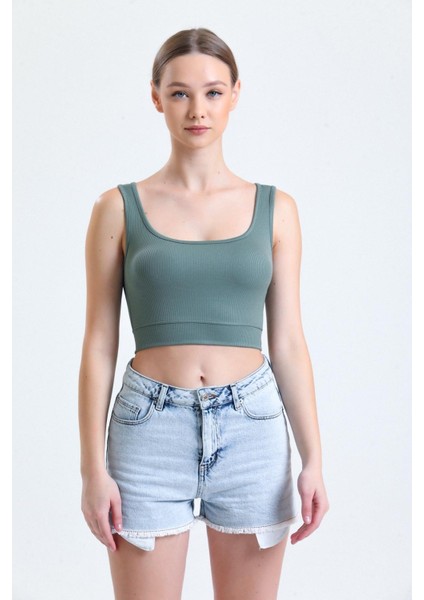 Yeşil Fitilli Kare Yaka Esnek Örme Crop Büstiyer Atlet
