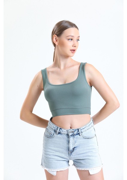 Yeşil Fitilli Kare Yaka Esnek Örme Crop Büstiyer Atlet fiyatları