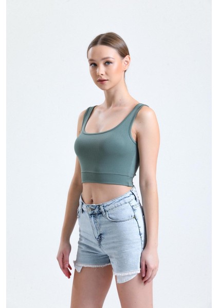 Yeşil Fitilli Kare Yaka Esnek Örme Crop Büstiyer Atlet fırsatları