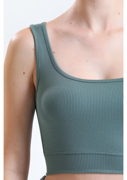 Yeşil Fitilli Kare Yaka Esnek Örme Crop Büstiyer Atlet indirimleri
