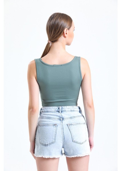Yeşil Fitilli Kare Yaka Esnek Örme Crop Büstiyer Atlet