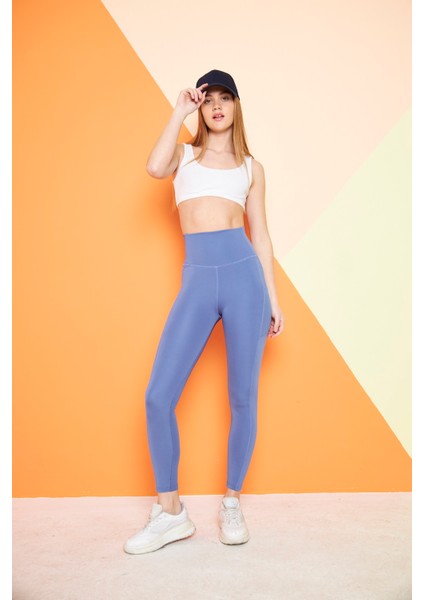 Mavi Yüksek Bel Sıkılaştırıcı Toparlayıcı Push-up Çift Cepli Bilek Hizasında Spor Tayt