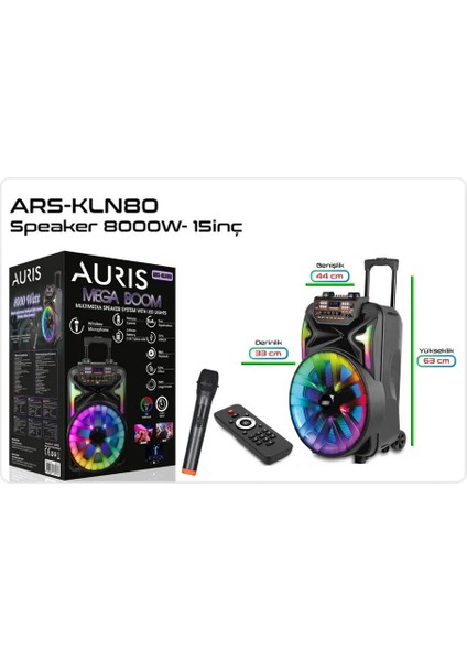 ARS-KLN80 8000W Dev Boy Profesyonel Bluetooth Parti Hoparlör - Rgb Işıklı Kablosuz Mikrofon ve Kumanda
