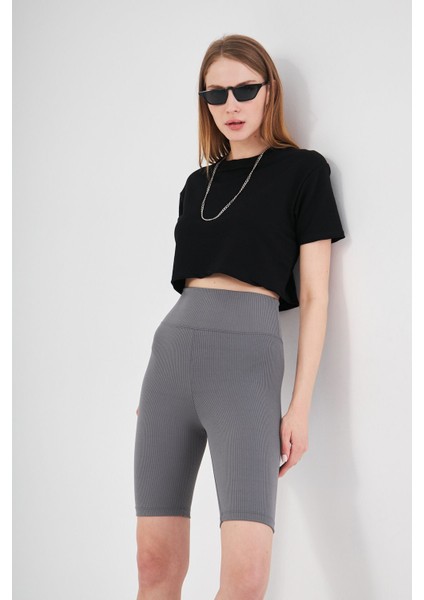 Antrasit Yüksek Bel Toparlayıcı Kısa Şort Spor Fitilli Biker Tayt