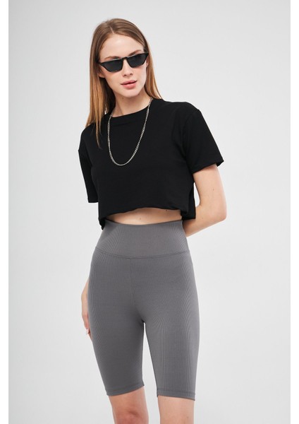 Antrasit Yüksek Bel Toparlayıcı Kısa Şort Spor Fitilli Biker Tayt modelleri