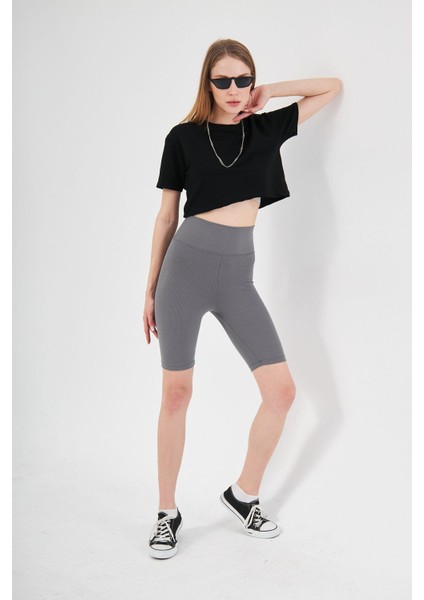Antrasit Yüksek Bel Toparlayıcı Kısa Şort Spor Fitilli Biker Tayt fırsatları