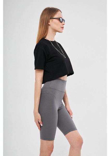 Antrasit Yüksek Bel Toparlayıcı Kısa Şort Spor Fitilli Biker Tayt