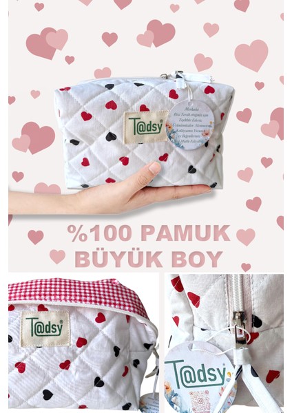 Kalp Desenli %100 Pamuk Makyaj ve Kozmetik Çantası | 22X12X10 cm | Seyahat Organizer fiyatları
