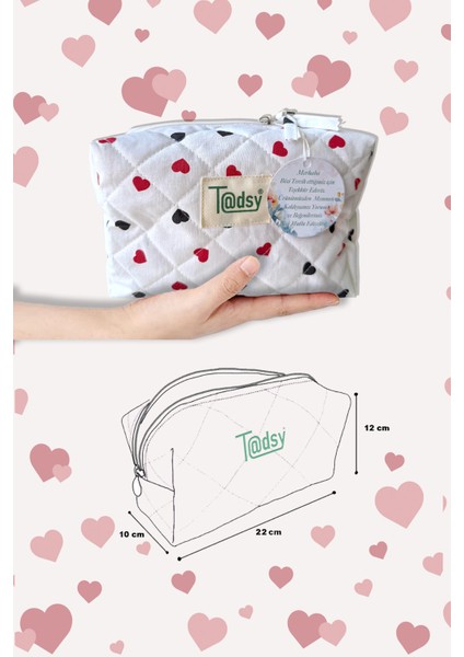 Kalp Desenli %100 Pamuk Makyaj ve Kozmetik Çantası | 22X12X10 cm | Seyahat Organizer modelleri