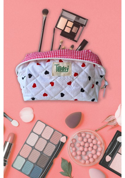 Kalp Desenli %100 Pamuk Makyaj ve Kozmetik Çantası | 22X12X10 cm | Seyahat Organizer fırsatları
