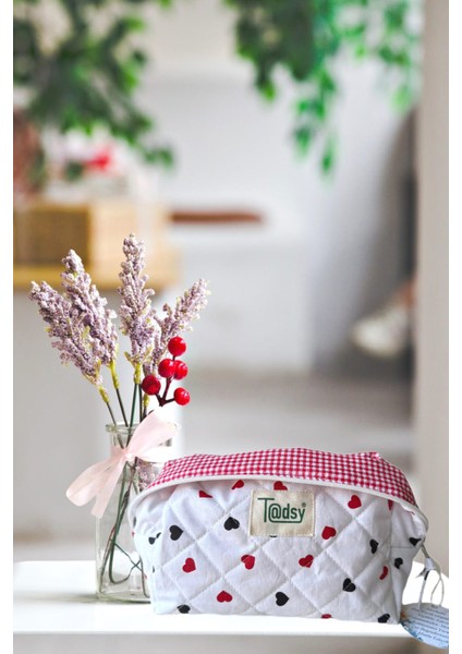 Kalp Desenli %100 Pamuk Makyaj ve Kozmetik Çantası | 22X12X10 cm | Seyahat Organizer indirimleri