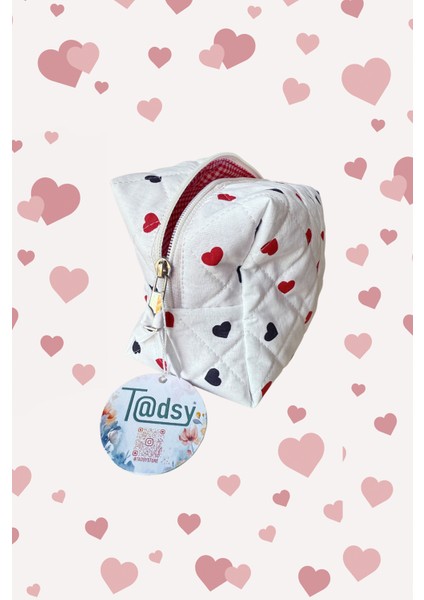 Kalp Desenli %100 Pamuk Makyaj ve Kozmetik Çantası | 22X12X10 cm | Seyahat Organizer