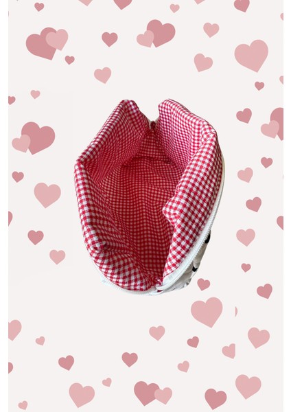 Kalp Desenli %100 Pamuk Makyaj ve Kozmetik Çantası | 22X12X10 cm | Seyahat Organizer