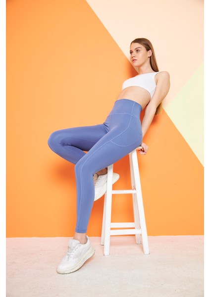 Mavi Yüksek Bel Sıkılaştırıcı Toparlayıcı Push-up Çift Cepli Bilek Hizasında Spor Tayt modelleri