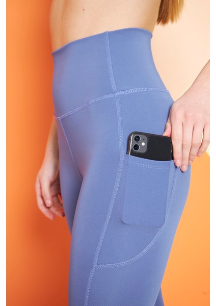 Mavi Yüksek Bel Sıkılaştırıcı Toparlayıcı Push-up Çift Cepli Bilek Hizasında Spor Tayt fırsatları
