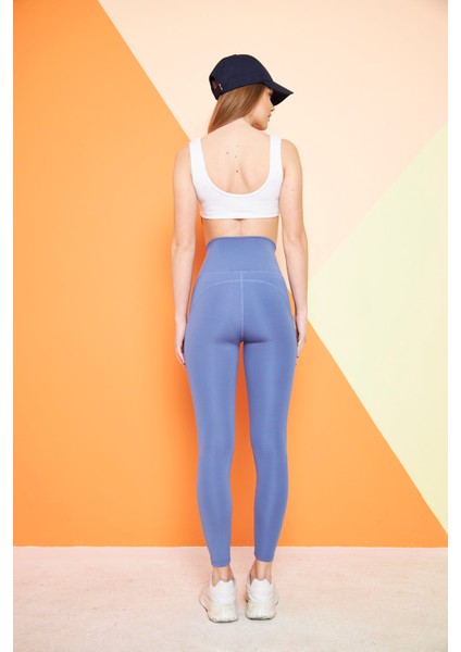 Mavi Yüksek Bel Sıkılaştırıcı Toparlayıcı Push-up Çift Cepli Bilek Hizasında Spor Tayt indirimleri