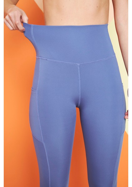 Mavi Yüksek Bel Sıkılaştırıcı Toparlayıcı Push-up Çift Cepli Bilek Hizasında Spor Tayt