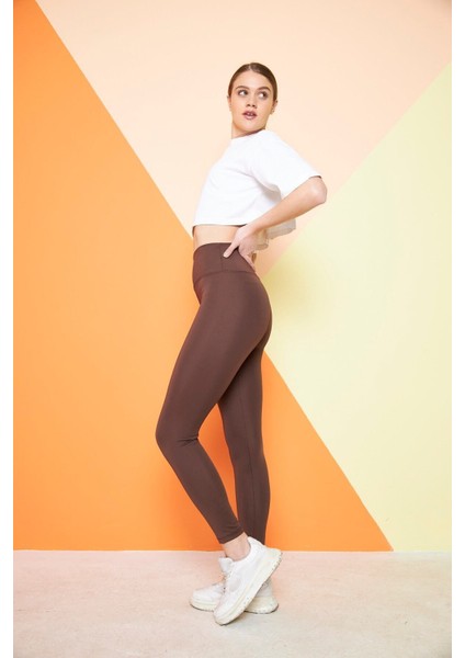 Kahverengi Yüksek Bel Sıkılaştırıcı Toparlayıcı Kışlık Şardonlu Dalgıç Kumaş Spor Günlük Tayt