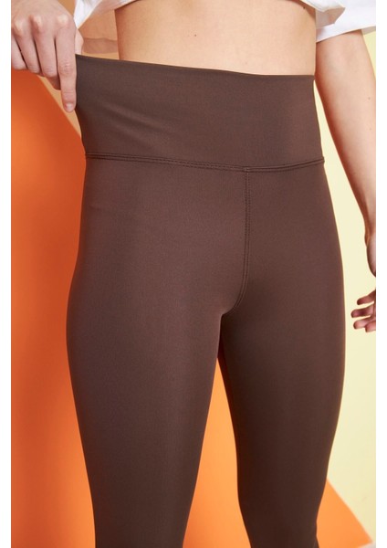 Kahverengi Yüksek Bel Sıkılaştırıcı Toparlayıcı Kışlık Şardonlu Dalgıç Kumaş Spor Günlük Tayt indirimleri