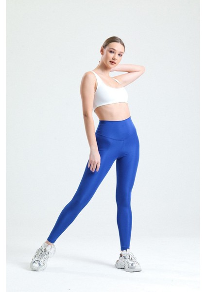 Mavi Yüksek Bel Toparlayıcı Dalgıç Kumaş Spor Günlük Tayt