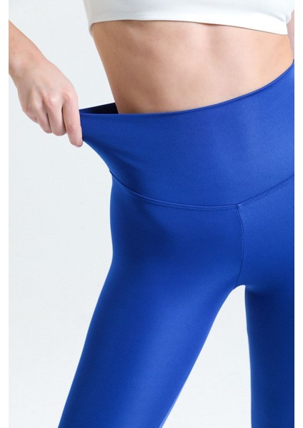 Mavi Yüksek Bel Toparlayıcı Dalgıç Kumaş Spor Günlük Tayt